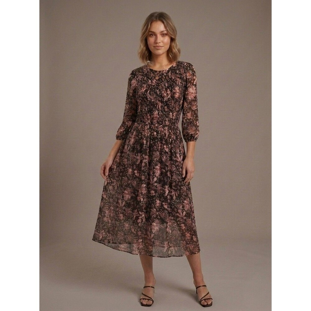 Baltic Born Womens S Smocked Midi Dress Black Pink Floral 3/4 Sleeve Cottagecore